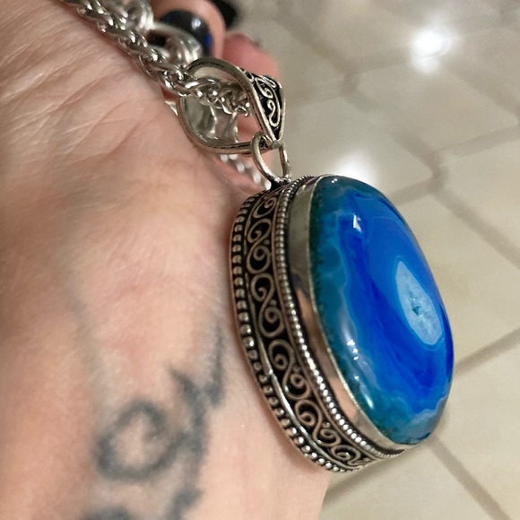 925 sterling silver overlay blue agate slice gemstone charm boho necklace . - Picture 9 of 13